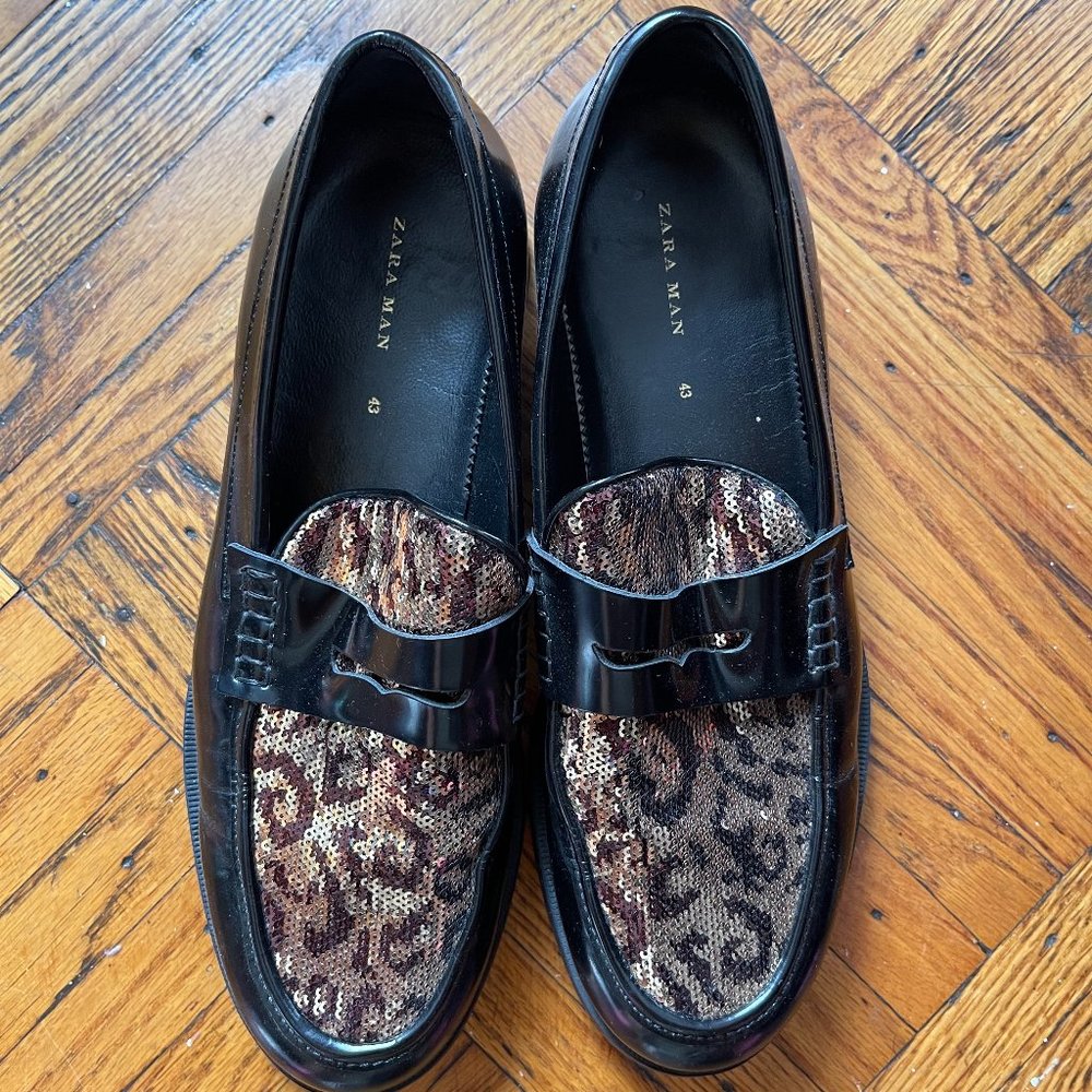 ZARA MEN'S SEQUIN EMBELLISHED LOAFERS LEOPARD DESIGN